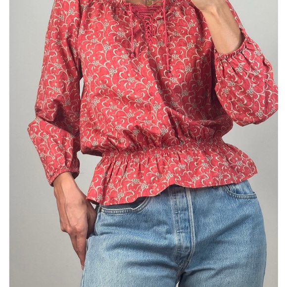 Lauren Ralph Lauren Jeans Co.Women's Peasant Top Shirt Muted Red Beige Print - Picture 5 of 7